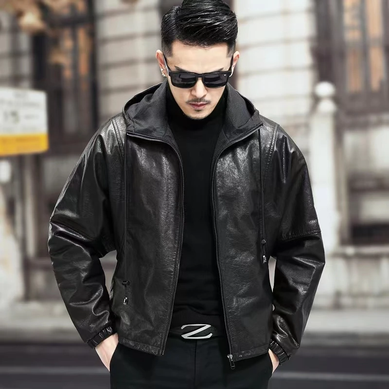 Men's Spring Autumn Fall Clothes Genuine Leather Cowhide Jacket Loose Casual with a Hood for Male Outerwear Black Plus Size 5XL