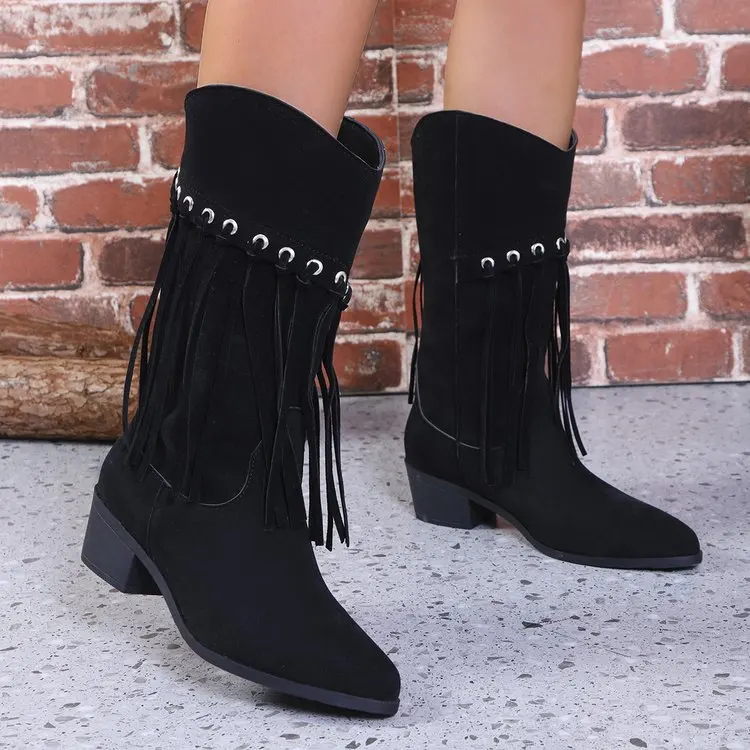 

2024 Best-selling Autumn and Winter New Mid-heel Pointed Head Large Size 36-43 Fringe High Knee-high Fashion Women's Boots