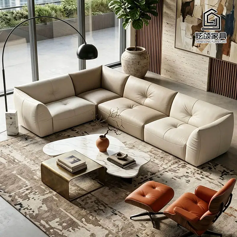 Modern Living Room Sofa Set With Soft Sponge Cushions And Synthetic Leather Upholstery For Family Seating And Home Lounge Use