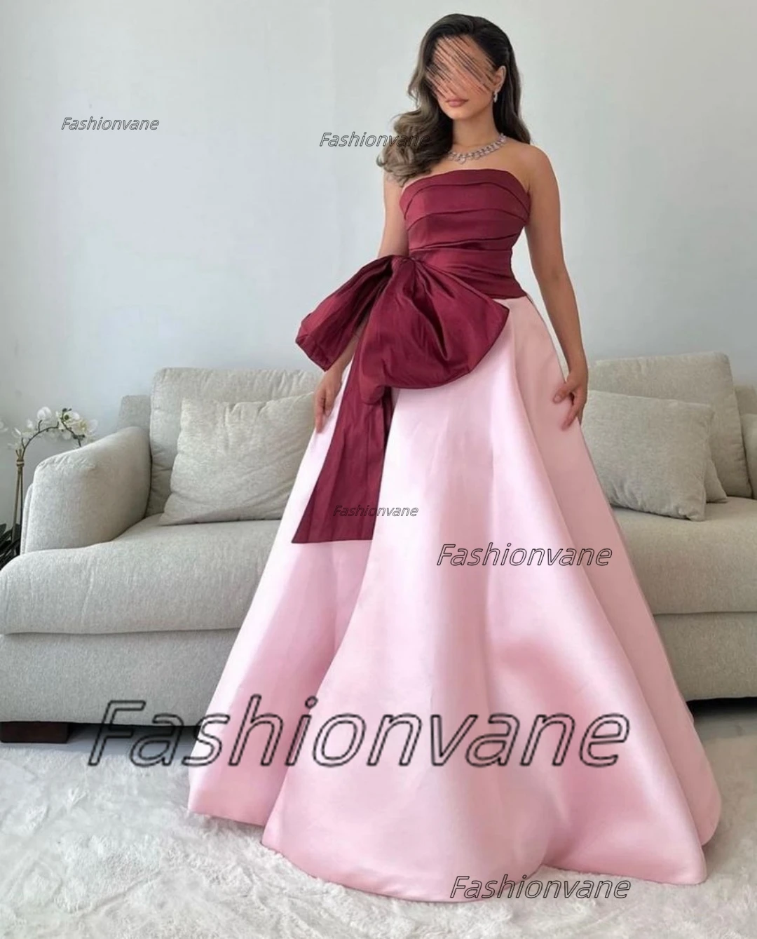 Fashionvane Contrast Color Vestidos Prom Dresses Big Bow Ruched Strapless Evening Party Formal Occasion Bride Wear Gowns