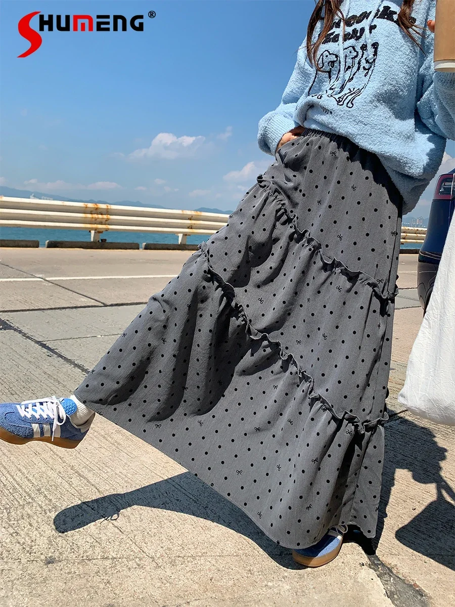 Japanese Sweet Velvet Black Dot Print Bow Cake Skirts Elastic Casual All-macthed High Waist A-line Gray Long Skirt Women Autumn