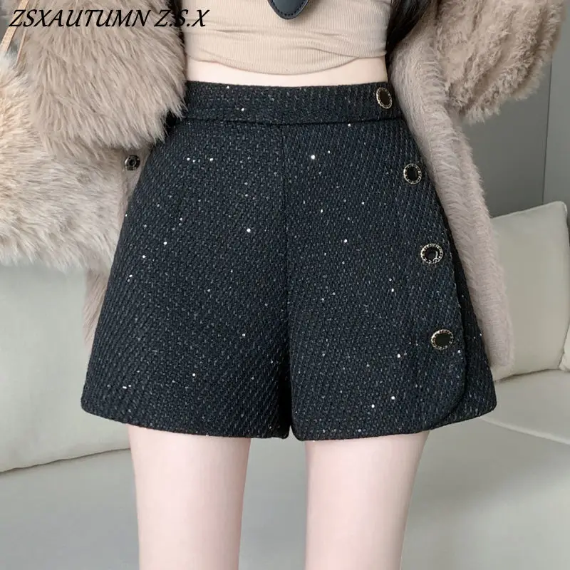 Black Sequined Wide-leg Shorts Women A-line Leggings Boot-pants Winter 2024 Korean Fashion Female High-waisted Pants All-match