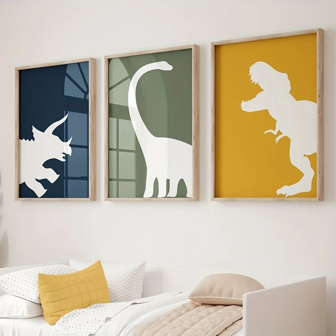 （3PCS NOFrame）-Room Decor 3pcs Dinosaur Canvas Wall Art Set, Frameless Polyester Prints, Navy , Green & Mustard, T-Rex, Trice