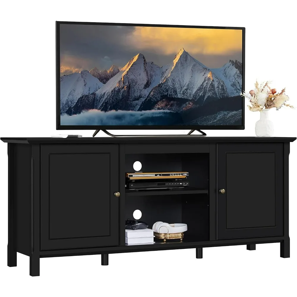 Black TV Stand for TVs Up To 65 in, Modern Entertainment Center with Storage Space Cabinets, Mid-Century TV Console