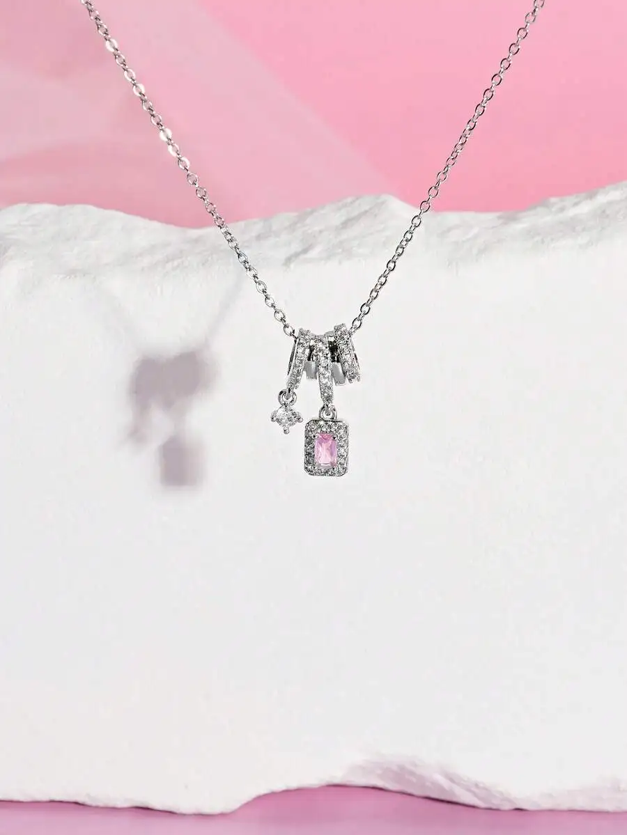 Stainless Steel Pink Square Zirconia Star Pendant Necklace For Women