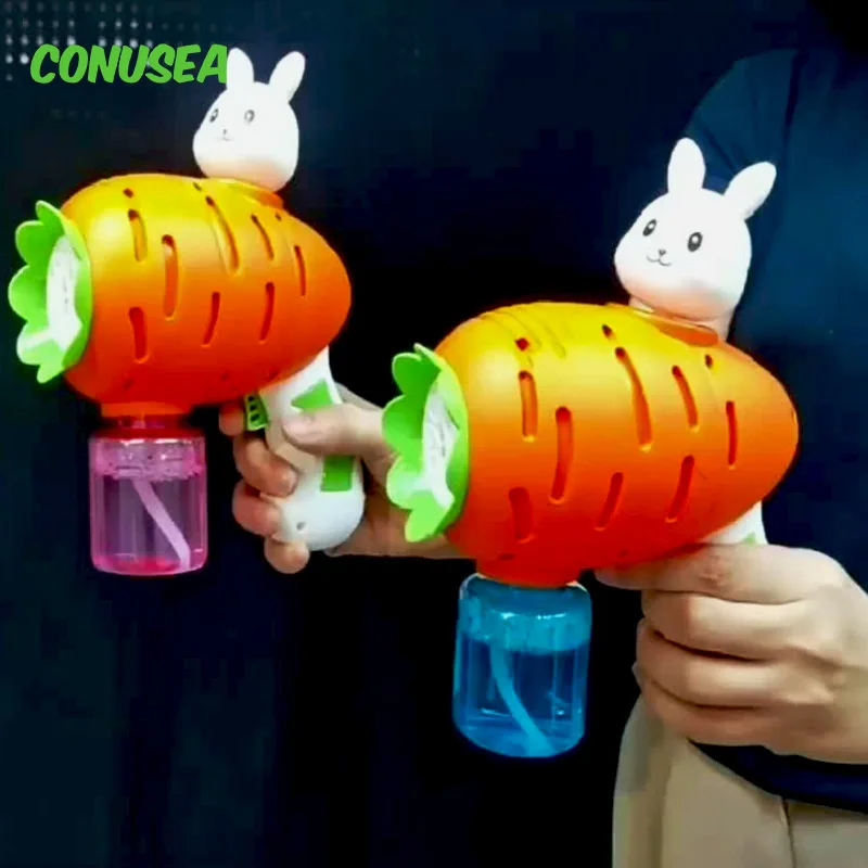 Electric Cartoon Bubbles Gun Ventilador automático Brinquedos ao ar livre para crianças Sabão Bubbles Lançador de máquina Coelho de cenoura 12 buracos