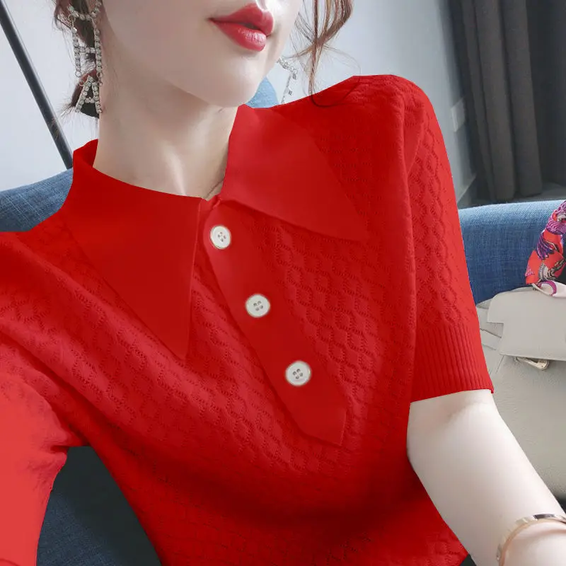 Women's summer knitted short sleeve T-shirt new loose large size base shirt student Korean POLO collar  tops