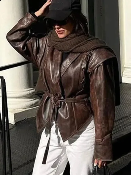 

Fashion Dark Color Suede Fabric Stand Up Collar Jacket Women Causal Waist Cinched Broad Shoulder Coat Autumn High Street Outwear