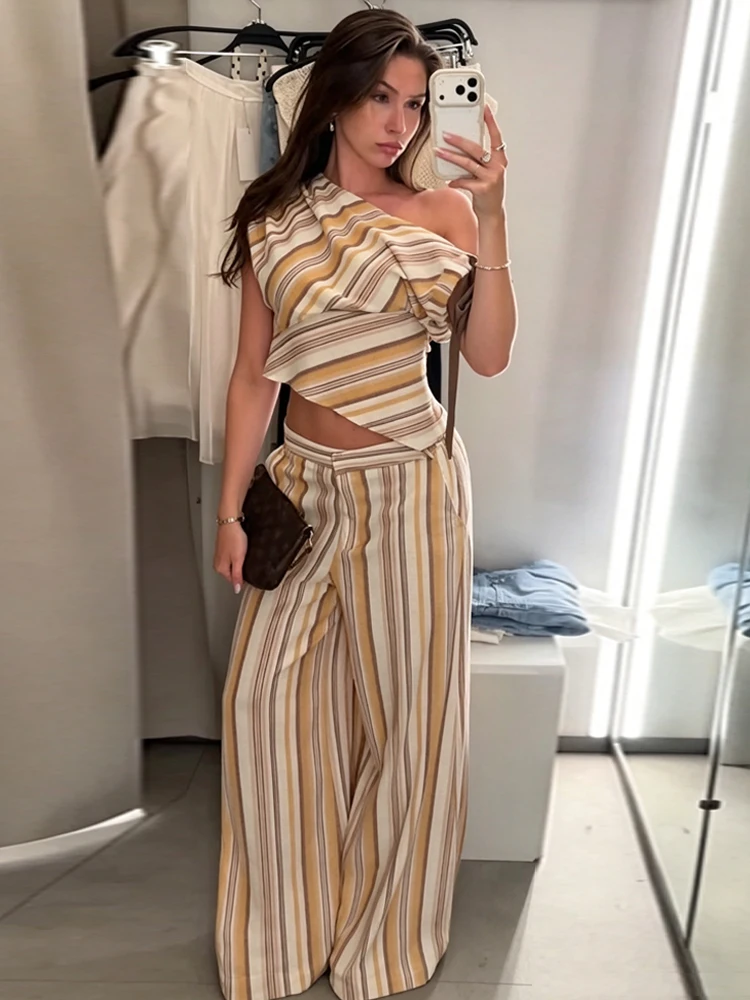 Women Striped Wide Leg Pants Sets Off Shoulder Asymmetric Ruched Tops & Wide Leg Pants Sets Female Summer Retro 2 Piece Suits