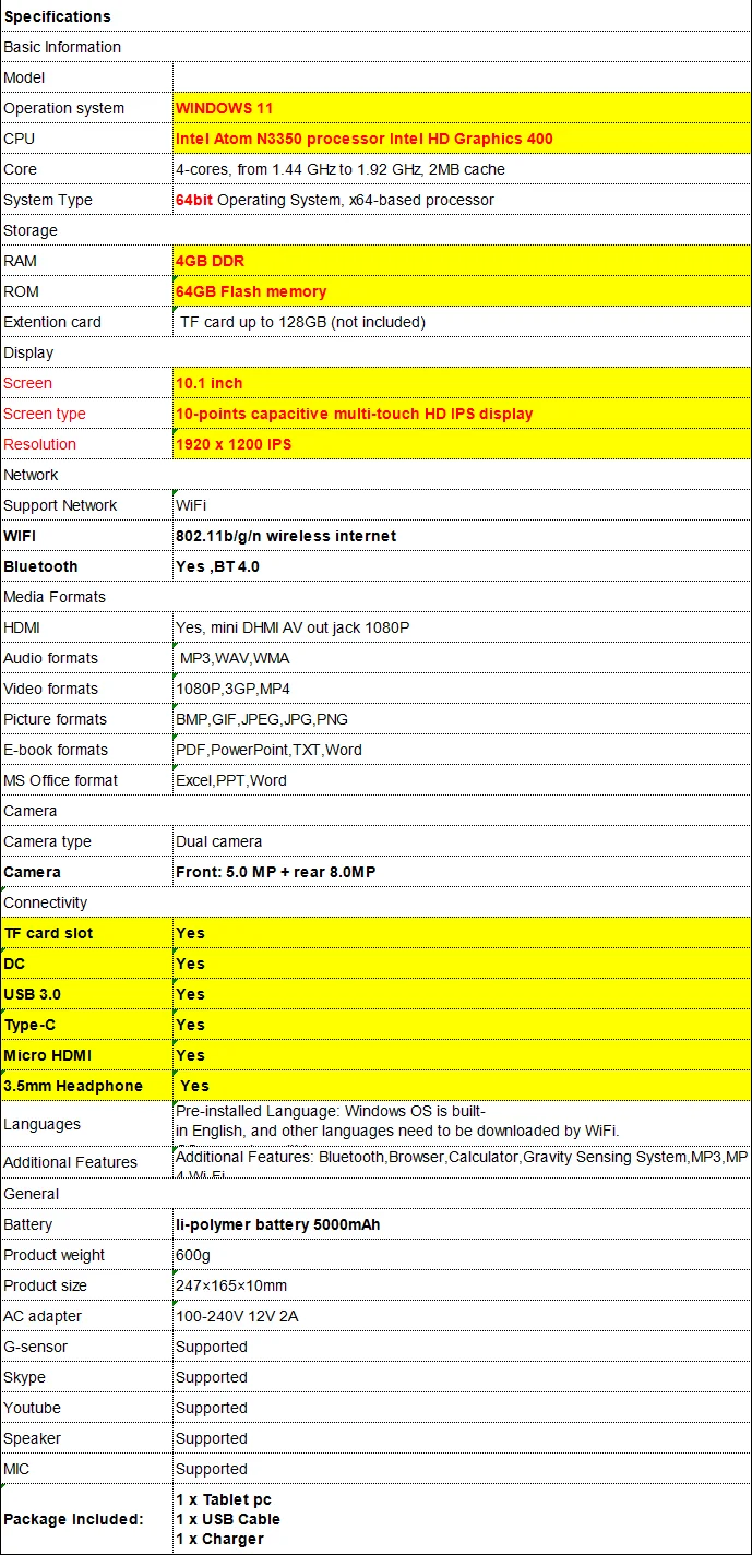 10.1 INCH Q1 64 Bit 8GB RAM 128GB ROM 1920 X 1200 IPS Q1 X5-Z8350 CPU AR10 WINDOWS 10 Tablet PC Dual Camera USB 3.0 HDMI-Co