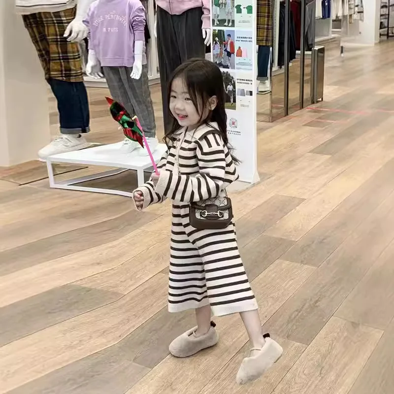 Girls Suit 2024 Autumn New Childrens Wear Korean Baby Girl Lapel Striped Shirt Wide Legs Nine-minute Pants Wool Two-piece Set