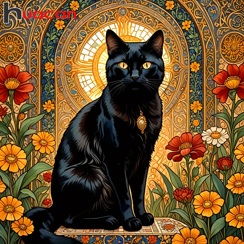 Huacan Diamant-Gemälde mit Katze, quadratisch, rund, Mosaik, Cartoon, handgefertigt, Geschenk, Dekoration für Zuhause