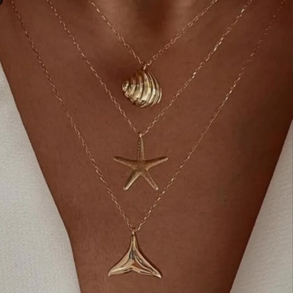 2pcs Set Fashion Boho Gold Color Marine Shell Starfish Pendant Pearl Chain Multi-layer Fold Wear Necklace for Women Jewelry Sets image 5