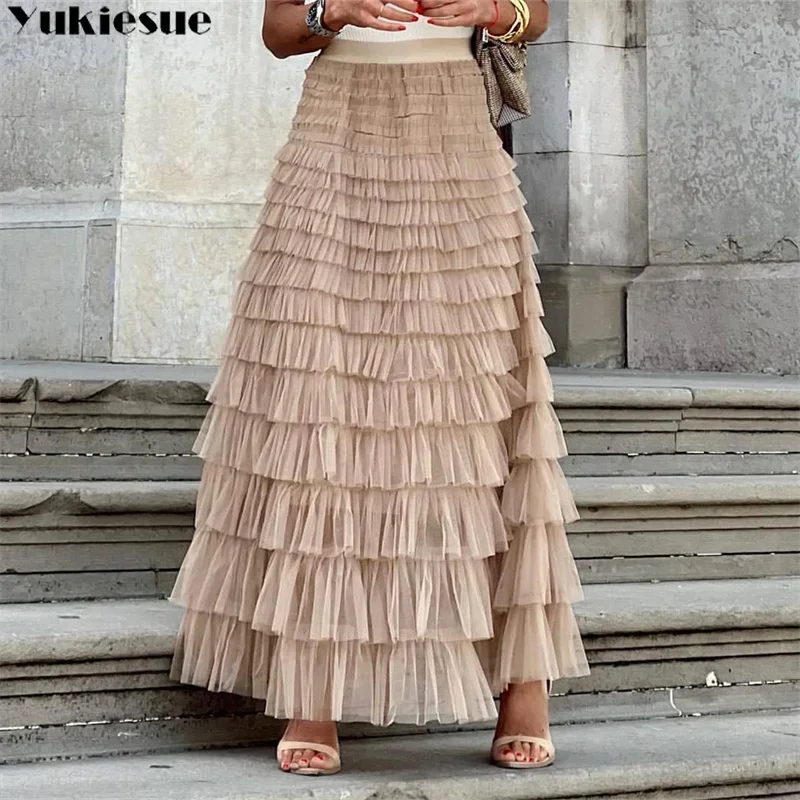 

Женская длинная юбка, новинка 2023, лето-осень, универсальная мода, многослойный дизайн с оборками, элегантное платье, праздничная одежда, юбка для офиса и леди