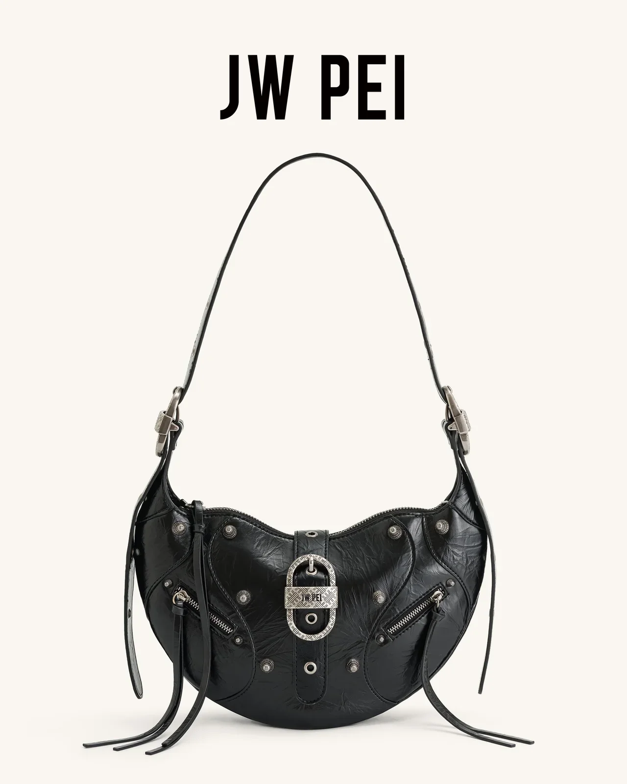 JW PEI TESSA Bag Female Punk Style Rivet Motorcycle Cover Bag 2023 New One Shoulder Crossbody Tote Bag Three-purpose Casual Bag