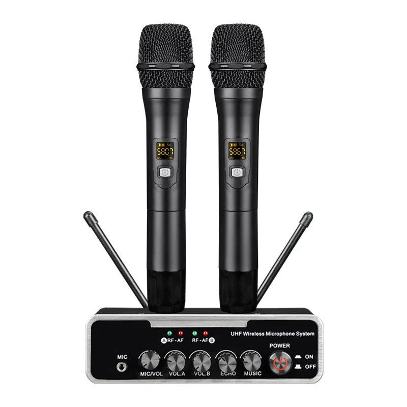 Uhf Professional Dual-channel Wireless Mic olume Control Echo Microphone System With Blue-tooth Receiver Box