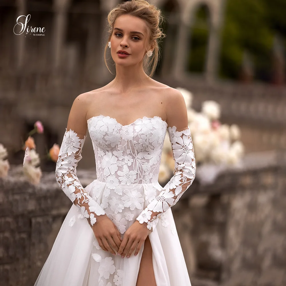 Sirene Strapless Sheer Lace Lange Mouw Eenvoudige 3D Bloemen Hoge Split Open Rug Bruidsjurken Elegante Vestidos De Novia Aangepast