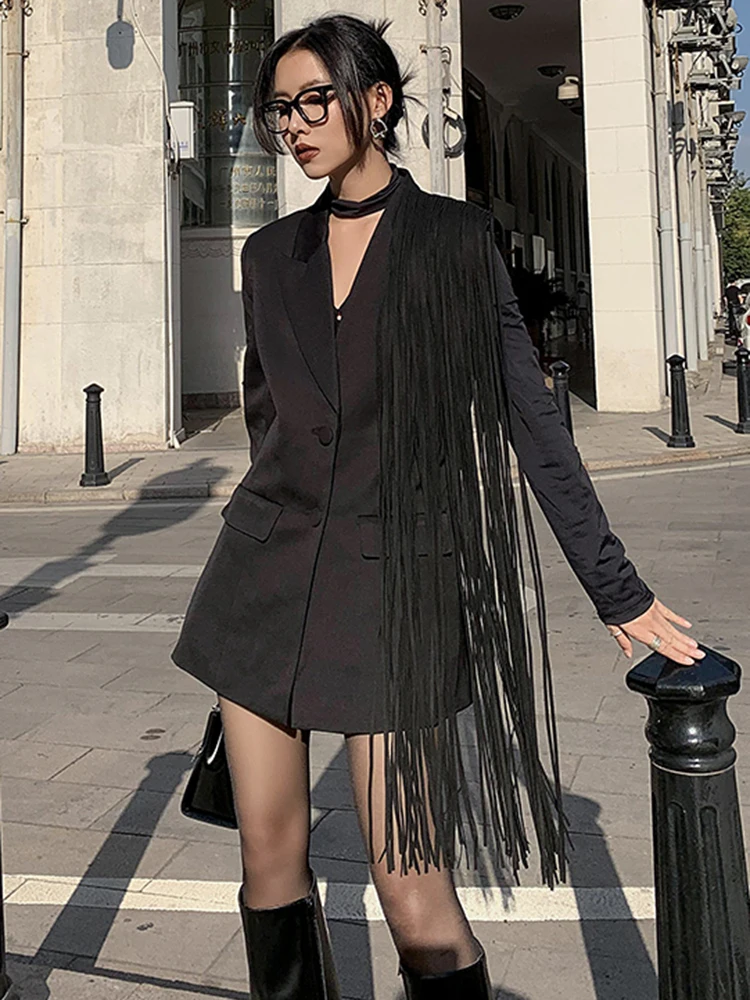 TWOTWINSTYLE Korean Fashion Black Patchwork Tassels Blazer For Women Notched Collar Long Sleeve Solid Blazers Female Spring 2022