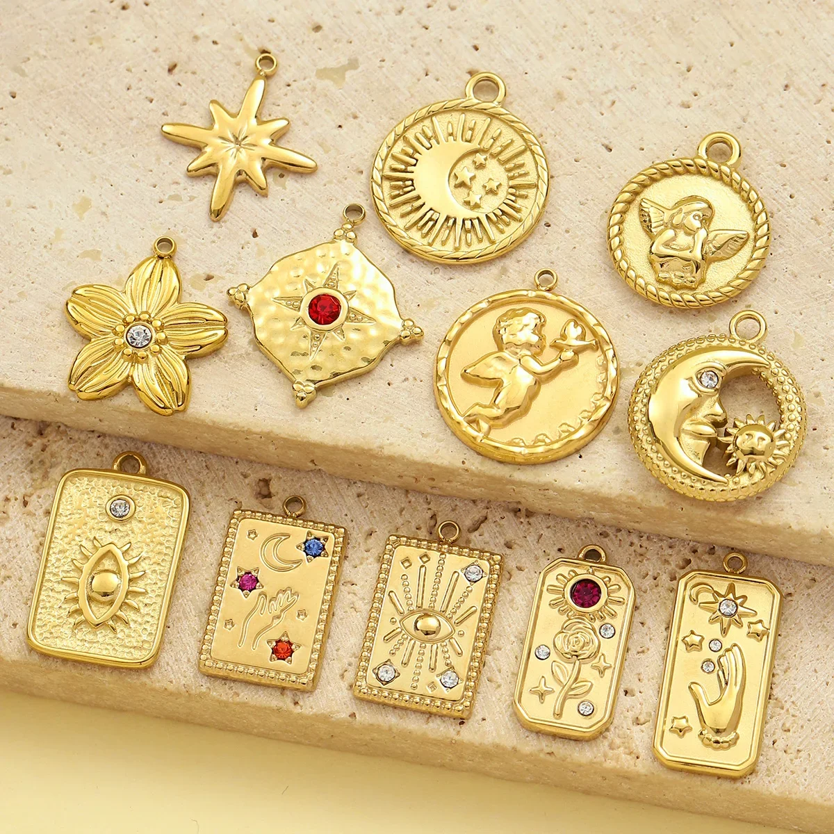 3pcs/Lot French Retro Tarot Card Stainless Steel Diy Bracelet Charms Women Stone Angel Flower Necklace Pendants Crescent Jewelry