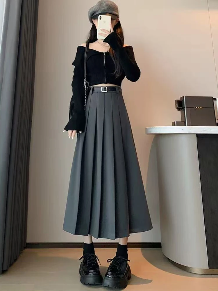 

Winter Faux Wool Pleated Skirt Women Korean High Waist with Belt Casual Midi Skirts Female Elegant Office Lady A Line Skirt New