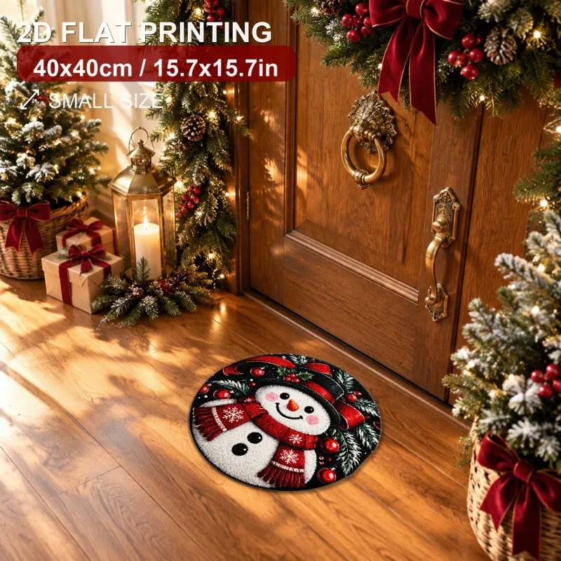 3D Christmas Tunnel Round Rug Snowman Village Santa Houses Holiday Illusion 80x80cm