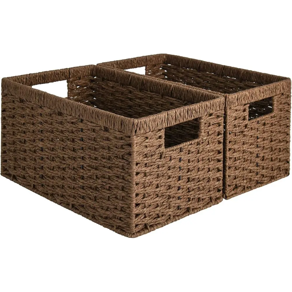 

Paper Rope Storage Baskets, Rectangular Wicker Baskets with Built-in Handles, Medium, 2-Pack
