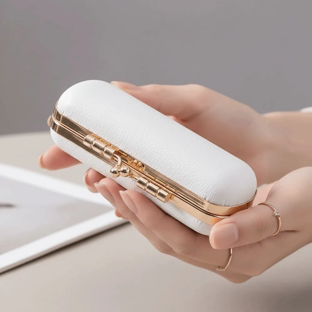 

Kiss Lock Clasp Mini Ring Box Gold Metallic Trim Faux Leather Outer Travel Jewelry Case Sturdy Hardware Frame