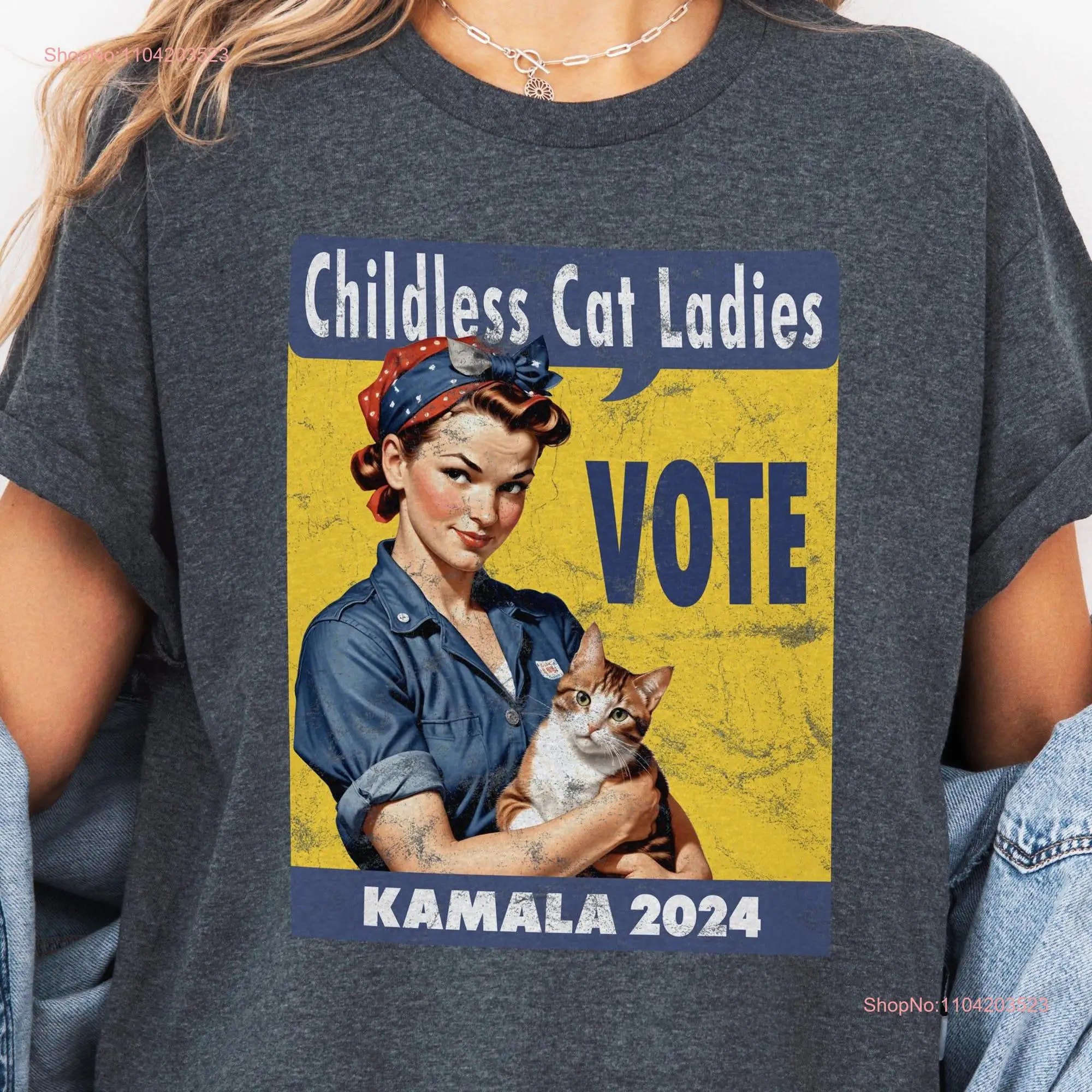 Rosie Riveter Childless Cat Ladies Vote Kamala 2024 Retro Grunge Style Political Parody T Shirt Weird JD Vance Memes For