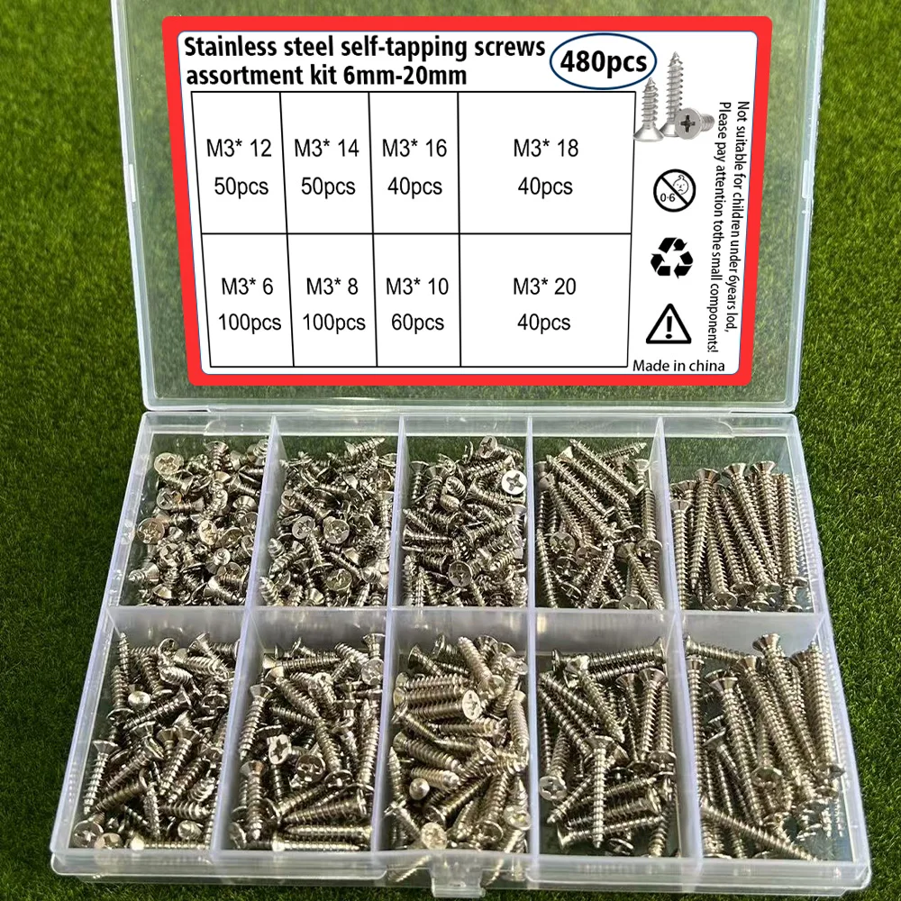 480-Piece Stainless Steel M3 Self-Tapping Screw Set, 6mm-20mm, Wood Locking Screw Set, for Fastening Wood and Metal.