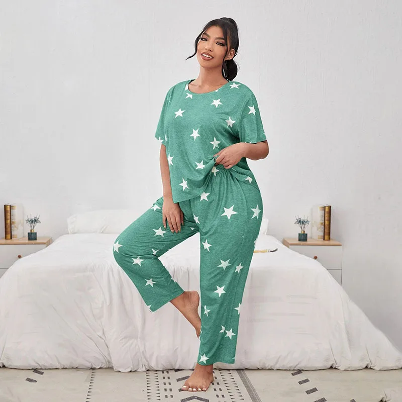 New Lady's Loungewear 콘티넨탈 스타일 반소매 옵션 잠옷 세트 전체 길이 스타 프린트 바지 캐주얼 홈웨어 2pc 세트