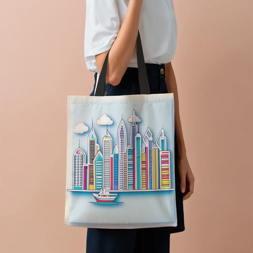 1Pc Riverside Ship Colorful City Silhouette Tote Bag For Women Boston Souvenir Gift Retro Boston Shopping Bag