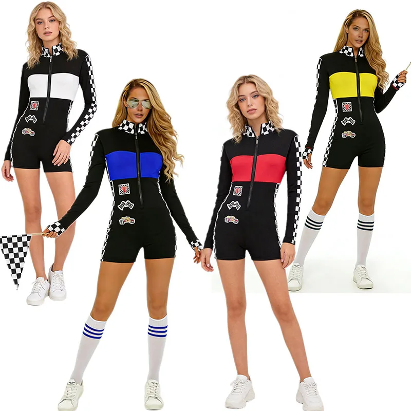 

Women Racing Driver Jumpsuit Halloween Theme Checkerboard Printed Cosplay Long Sleeved Car Racing Driver Cheerleading Uniform