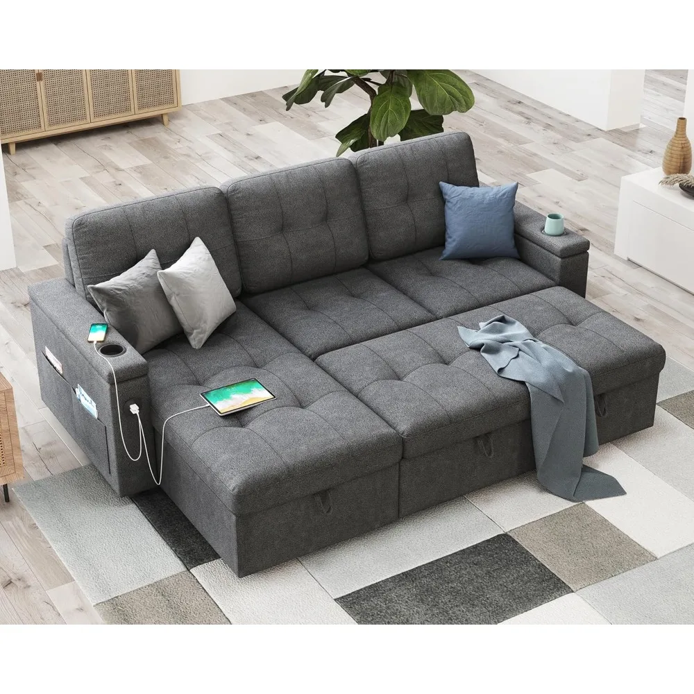 

84 Inch Pull Out Couch Bed, Sofa Bed with Storage Chaise, L Shaped Sleeper Sofa with 2 USB Sockets & Cup Holders- Dark Grey