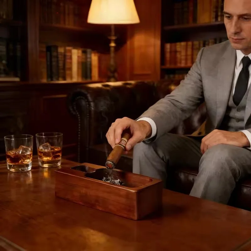 

Wooden Large Cigar Ashtray Deep Groove Stable Windproof Home Office Outdoor Smokers Retro Practical Decor