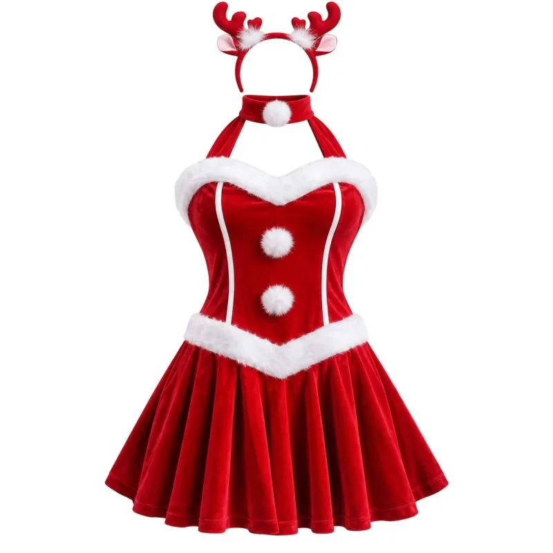 Women Sexy Christmas Suit Cosplay Velvet Dress Costumes Roleplay Santa Outfit For Xmas Party Sexy Nightwear Maid Suit Cosplay