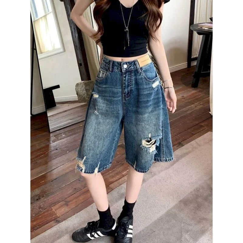 Denim Wide Leg Pants Loose 2026 Summer Large Size Five-point Pants American Style Ripped Jeans Vintage Women Baggy Y2k Clothes
