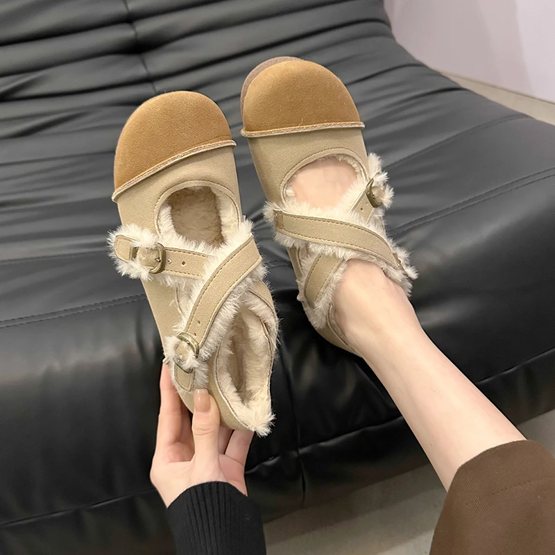 2024 Autumn/Winter New Warm Fury Shoes with Velvet Warmth One Step Fashion Flat Bottom Korean Cotton Shoes for Women