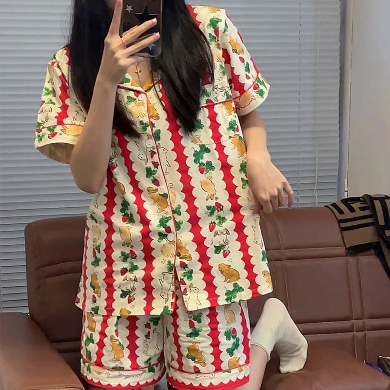 

Korean Version of the Floral Bunny Christmas Atmosphere Summer Short-Sleeved Shorts Pajamas Women Striped Fashionable Homewear