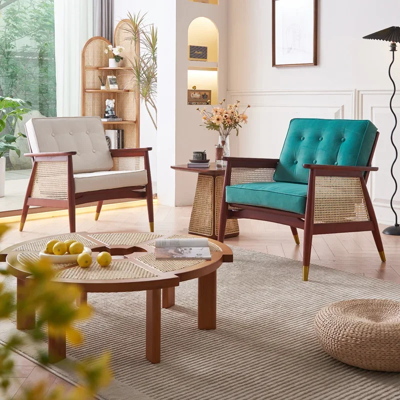 Nordic rattan solid wood sofa chair commercial balcony one table and two chairs homestay simple three-piece combination back cha