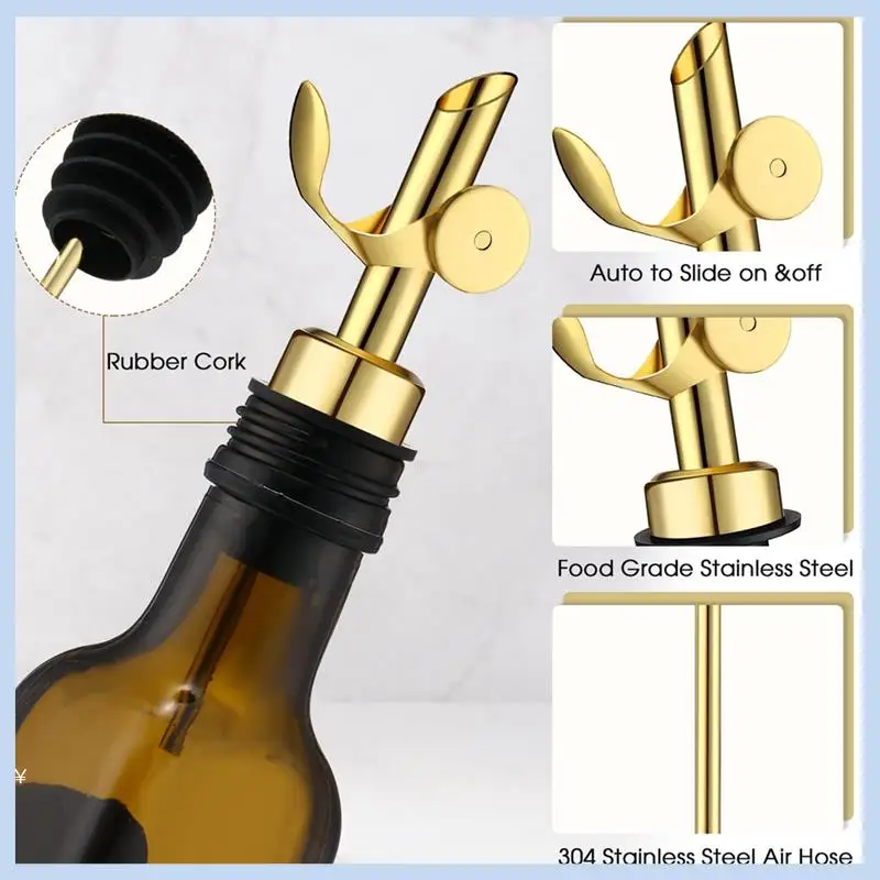 AS63-6Pcs Dispensador de aceite de oliva con tapa automática de acero inoxidable, vertedor de alcohol balsámico (dorado)