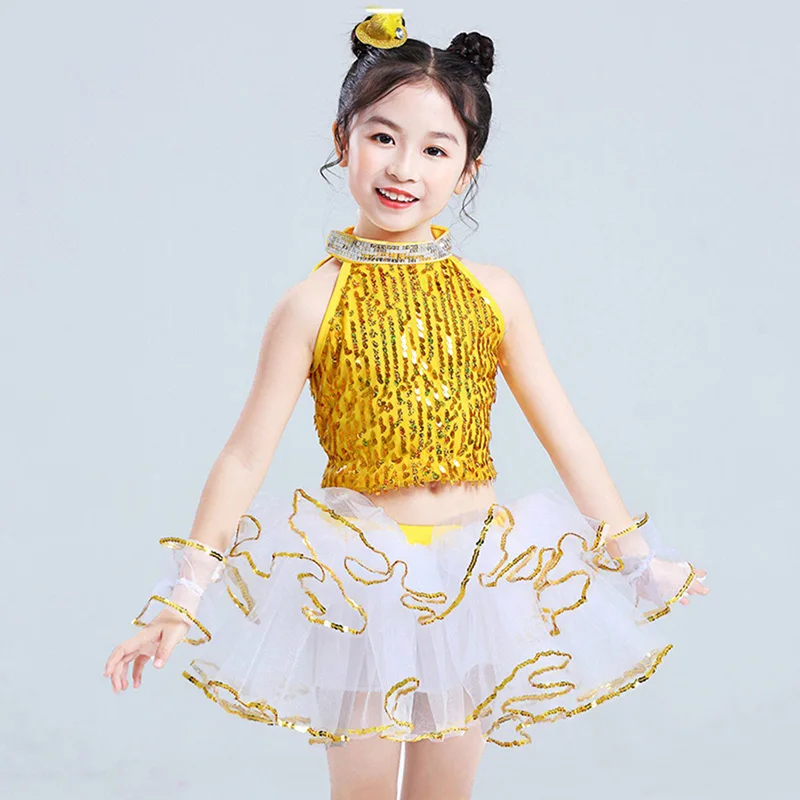 

Children's Modern Dance Performance Dress Kindergarten Girls Puff Skirt Tulle Jazz Sequin Dance Performance Outfit Costumes
