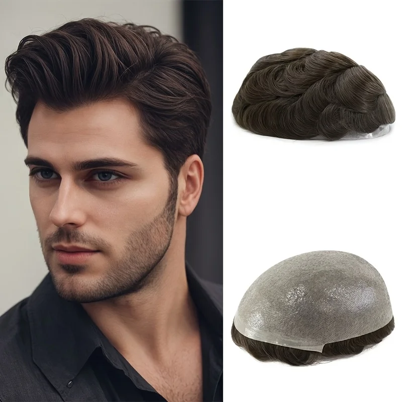 

Men Realistic Brown Human Hair Toupee - 8x10 PU Light Beige Base, Natural Hairpiece for Male Hair Loss Replacement