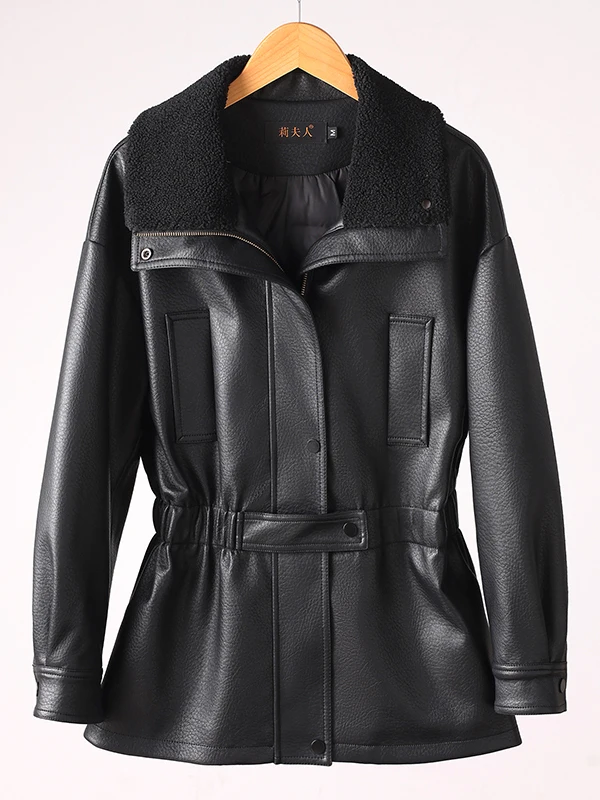 Ning Genuine Leather down Jaet Women's Mid-Length Thiened Winter New Sle Waist-Cinching Slimming Biker Coat