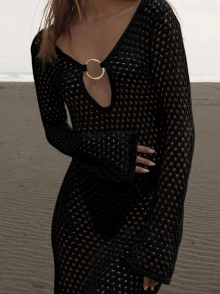 Gehaakte gebreide metalen gesp strand cover-up lange jurk voor dames 2025, zomer backless lange mouwen zonwering boho witte jurken