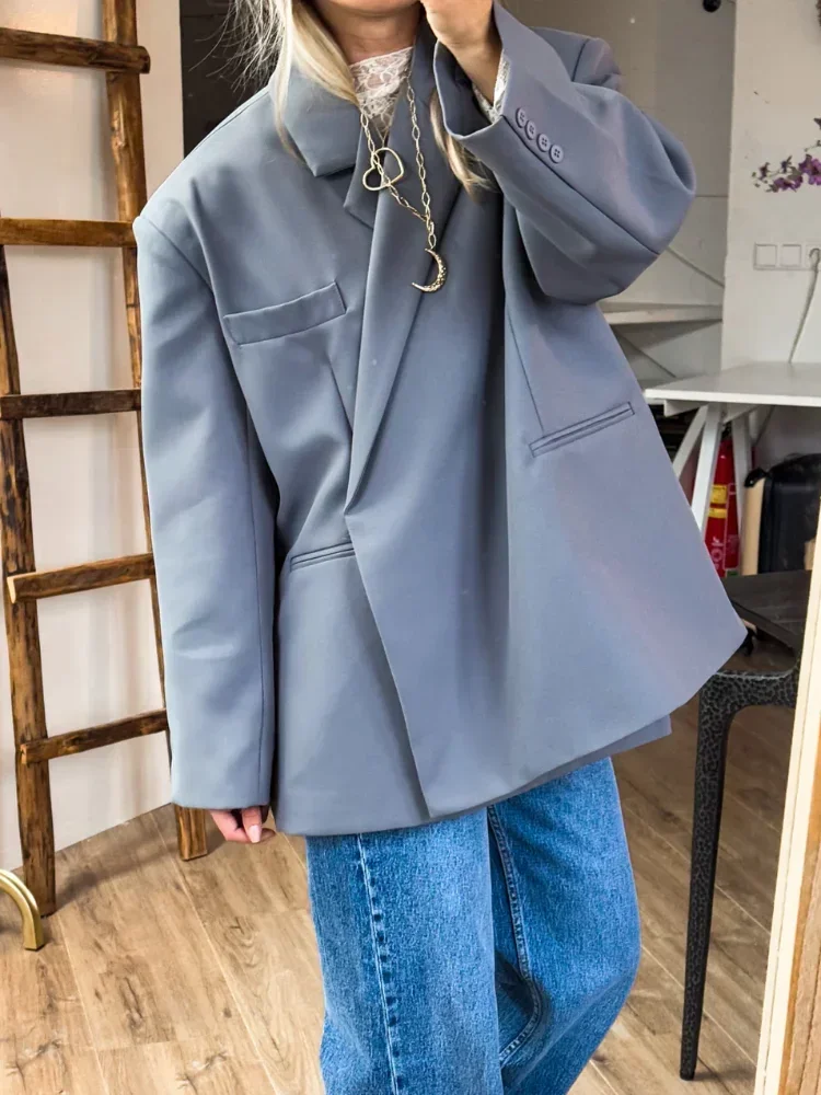 

High Street Solid Blazers Women Loose Single Breasted Side Split Lapel Full Sleeve Coats Female 2025 Summer Fall Lady Outwears