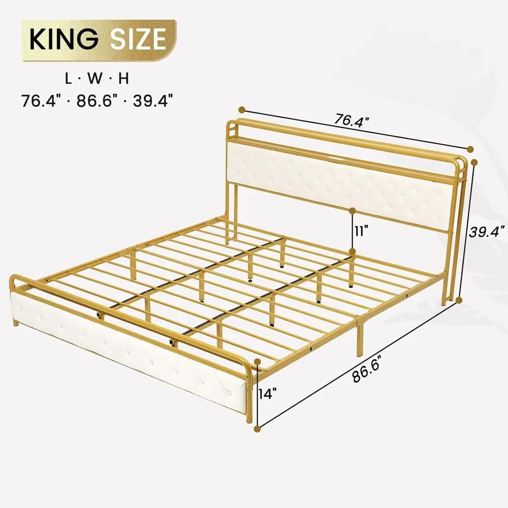 Cama king size Frame com armazenamento cabeceira e luzes LED, estofados plataforma cama