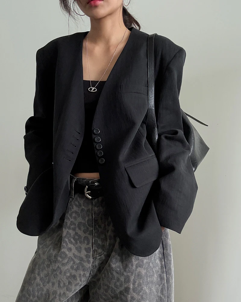 

3Colors Autumn Spring 2026 Office Lady Wear Long Sleeve blazers womens V Neck Black jacket and coats Loose blazer womens(JJ1957