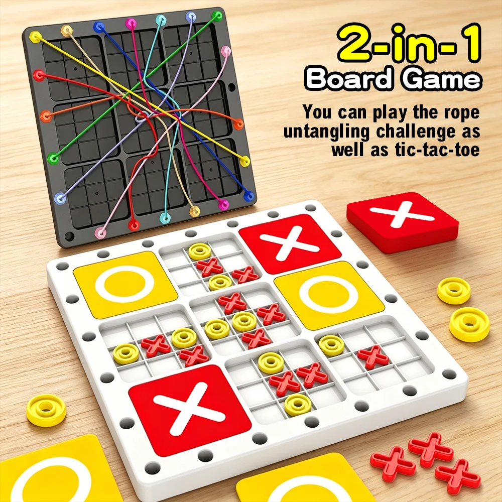 Children 2-in-1 Rope Untangling & Tic Tac Toe Board Game Kids Educational Puzzle Toy Parent-Child Interactive Brain Training Gam view 3