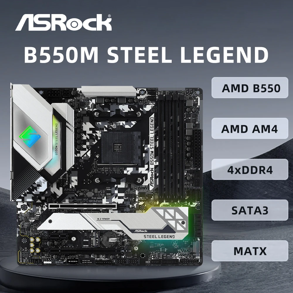 ASRock B550M Steel Legend Motherboard Support AMD Ryzen 7 5800X3D 5700X3D R5 5600X3D 5900X 3600X 5600GCPU 4xDDR4 M.2 PCIe4.0 ATX