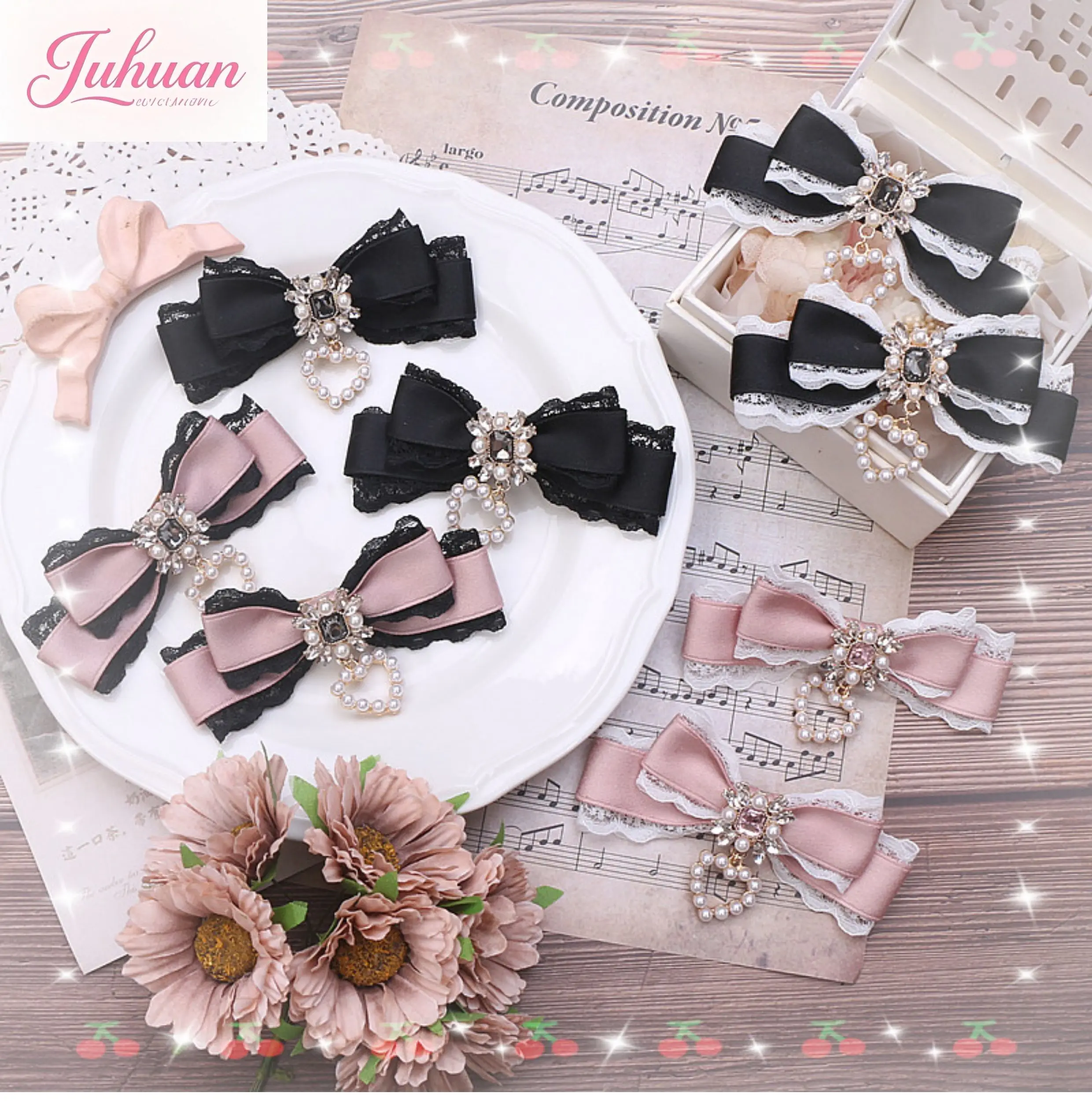 

Handmade Japanese Soft Girl Lolita Sweet and Cute Rhinestone Love Pendant Lace Lace Hairpin Edge Clip Hair Accessories Woman